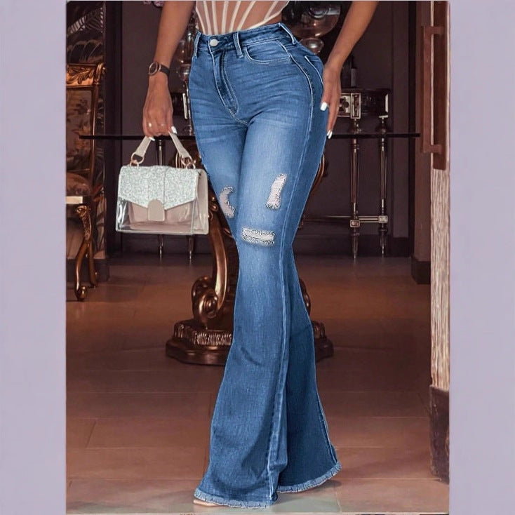 Damen hochgeschnittene Schlaghose aus Stretch-Denim mit ausgestelltem Bein, Knie-Rips und ausgefranstem Saum Shop Nory