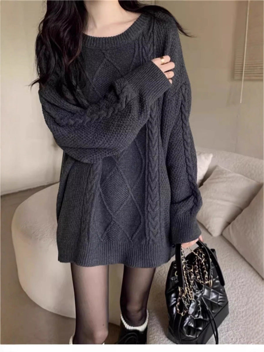 Damen Oversize Zopfmuster-Longpullover mit Rundhals und Ballonärmeln Shop Nory