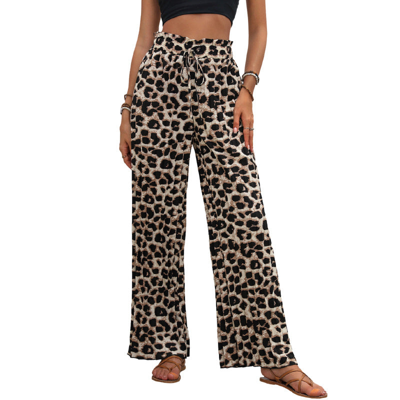Damen Leichte Palazzo-Hose mit elastischem Bund, Bindekordel und Animal-Print Shop Nory