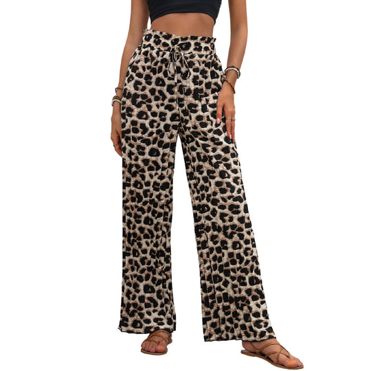 Damen Leichte Palazzo-Hose mit elastischem Bund, Bindekordel und Animal-Print Shop Nory