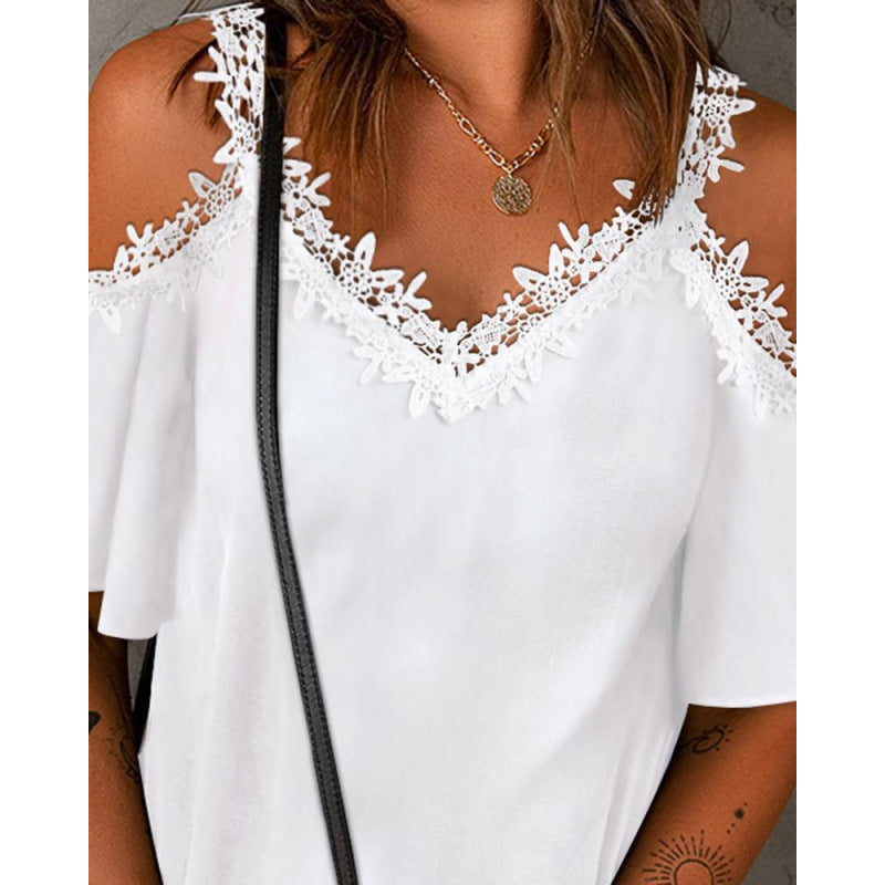 Damen Cold-Shoulder Spitzenbesatz Oberteil