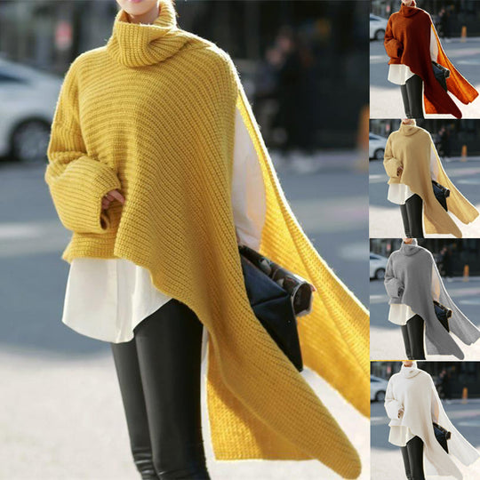 Damen Asymmetrischer Rollkragen-Poncho mit seitlichem Cape-Detail Shop Nory
