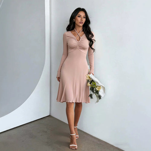 Damen gerafftes A-Linien Midikleid mit gekreuzten Trägern, figurformender Brustpartie und langen Ärmeln Shop Nory