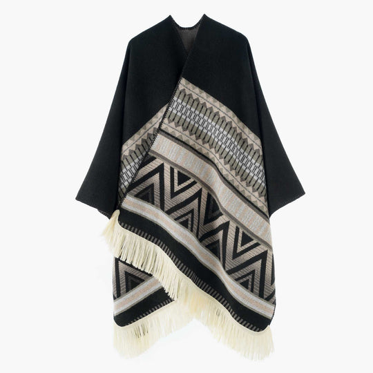 Damen Jacquard‑Ruana mit Fransen und folklorem Muster Shop Nory