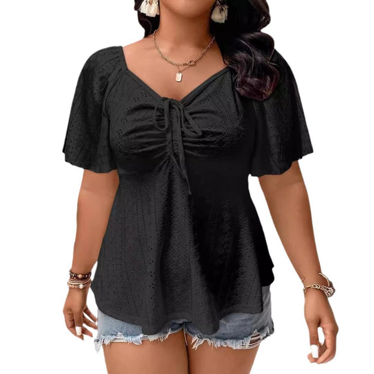 Damen A-Linien Boho-Bluse mit Lochstickerei, Raffung und Bindeband Shop Nory