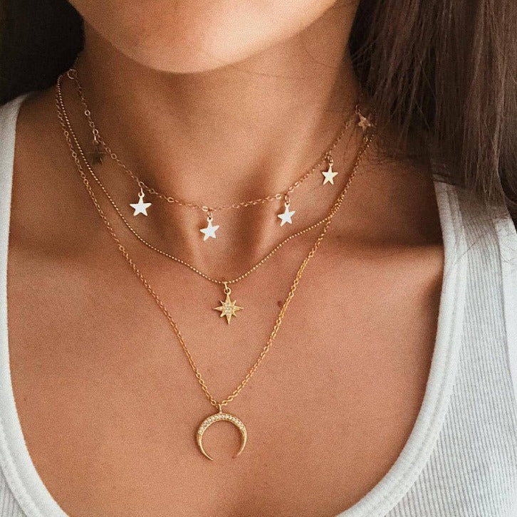 Damen mehrlagige Halskette mit Stern- und Mondanhängern Shop Nory