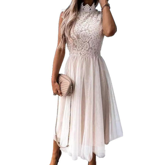 Damen Elegantes Spitzenkleid mit hochgeschlossenem Ausschnitt und transparenter Rockpartie Shopnory