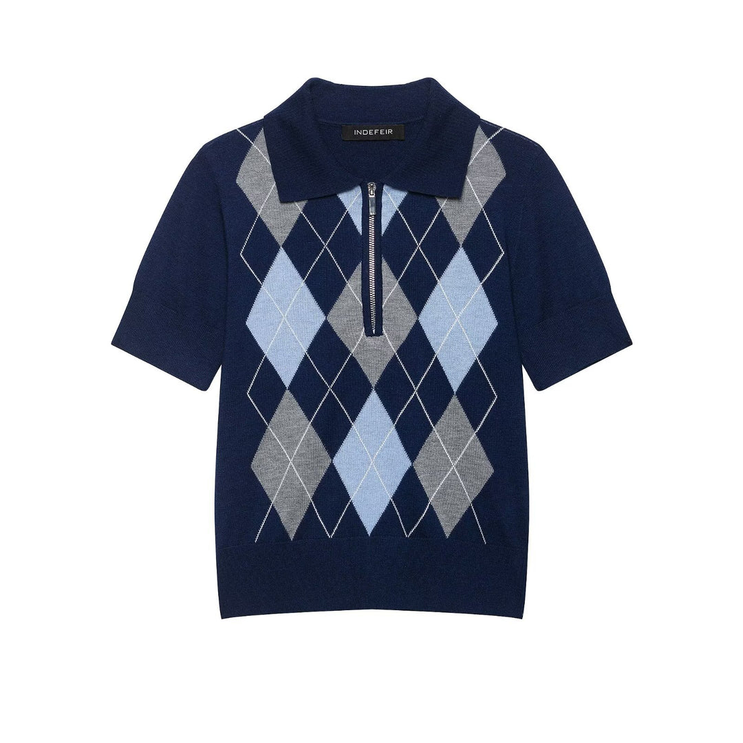 Damen Kurzarm-Polokragen-Strickpullover mit Rauten-Jacquard und Halbzip Shop Nory
