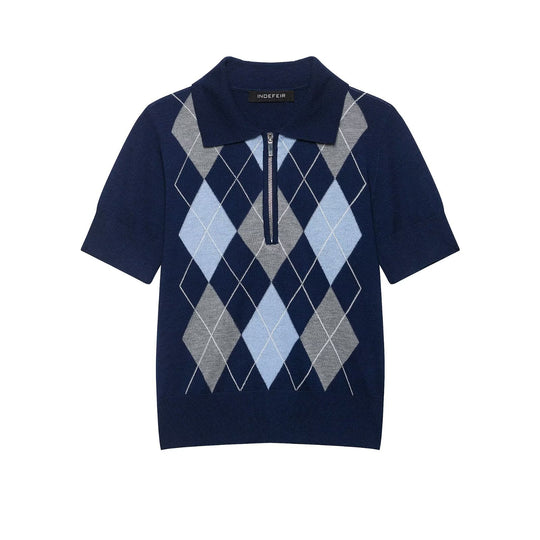 Damen Kurzarm-Polokragen-Strickpullover mit Rauten-Jacquard und Halbzip Shop Nory