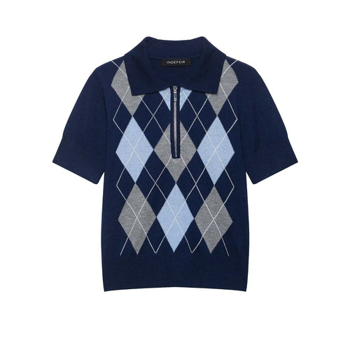 Damen Kurzarm-Polokragen-Strickpullover mit Rauten-Jacquard und Halbzip Shop Nory