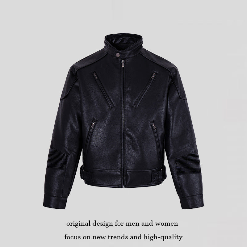 Herren Bikerjacke aus Lederimitat mit Stehkragen Reißverschlusstaschen und gesteppter Ellenbogenpartie Shop Nory