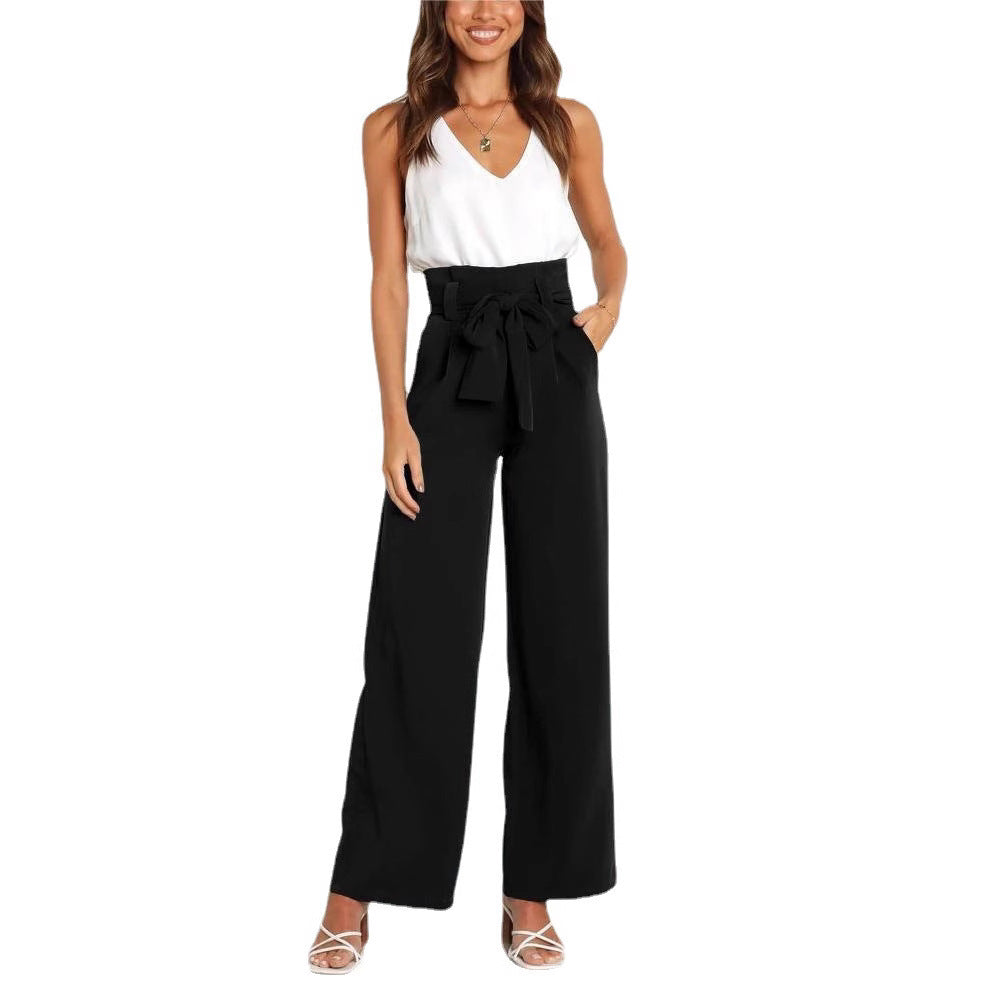 Damen Weit geschnittene High-Waist-Hose mit Binde-Gürtel und Taschen