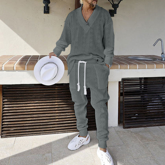 Herren Strukturiertes Strick-Loungewear-Set mit V-Ausschnitt und Tunnelzug-Jogginghose Shop Nory