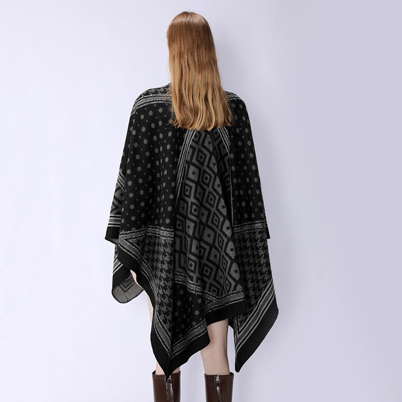 Damen Gewebter Jacquard‑Capeponcho mit Hahnentritt‑ und Ornamentmix Shop Nory