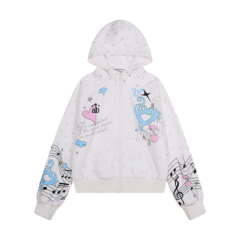 Damen Kapuzen-Sweatjacke mit Front-Reißverschluss, musikalischem Print und Sternchen-Design Shop Nory