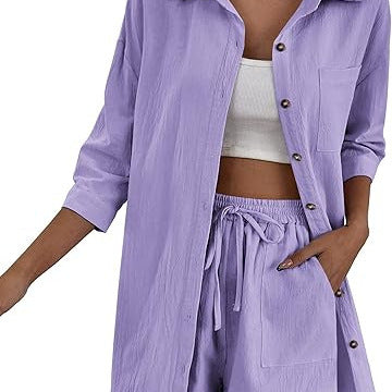 Damen Leichtes Longline-Hemdjacken-Set mit elastischer High-Waist-Shorts Shop Nory