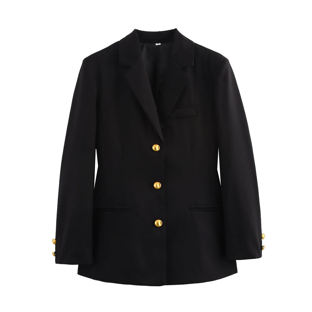 Damen karierten Blazer mit goldenen Knöpfen und praktischen Taschen Shopnory