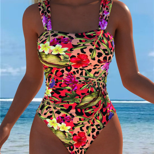 Damen einteiliger Badeanzug mit floraler und tierischer Musterkombination Shopnory