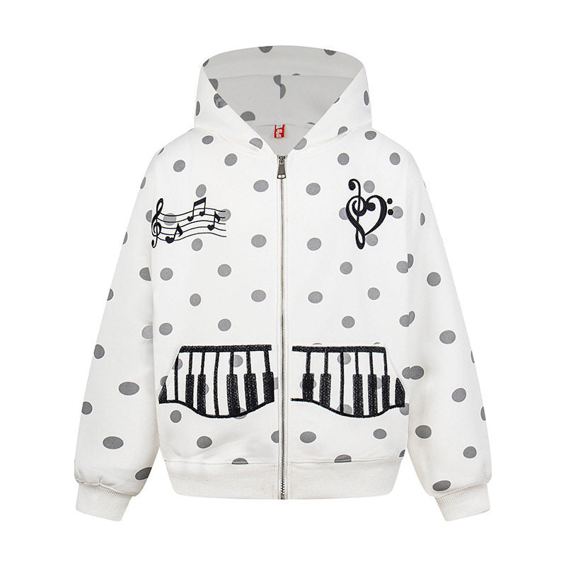 Damen Kapuzen-Sweatjacke im Retro-Punkte-Look mit gestickten Klavier-Taschen und Noten-Emblem Shop Nory