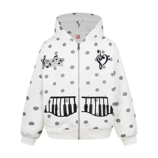 Damen Kapuzen-Sweatjacke im Retro-Punkte-Look mit gestickten Klavier-Taschen und Noten-Emblem Shop Nory