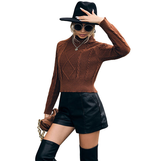 Damen Kurzer Zopfmuster-Strickpullover mit hohem Rippenbündchen Shop Nory