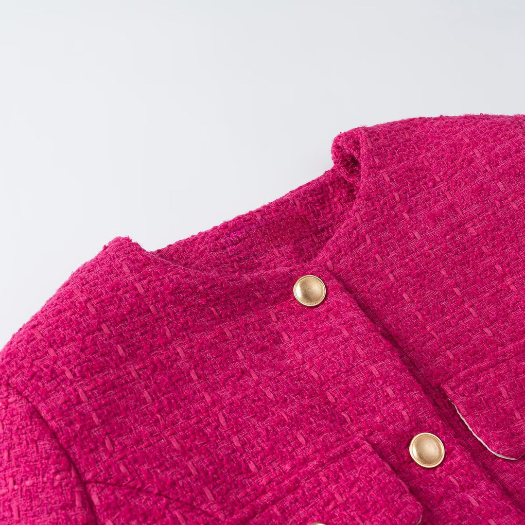 Damen Kurze Bouclé-Jacke mit Taillengürtel, Brustklappen und goldenen Zierknöpfen Shop Nory