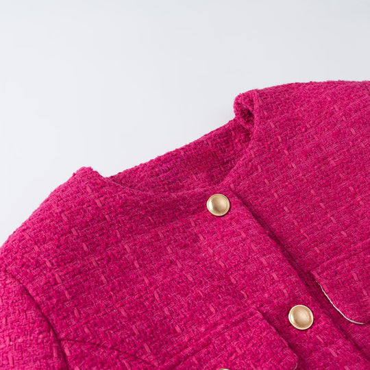 Damen Kurze Bouclé-Jacke mit Taillengürtel, Brustklappen und goldenen Zierknöpfen Shop Nory