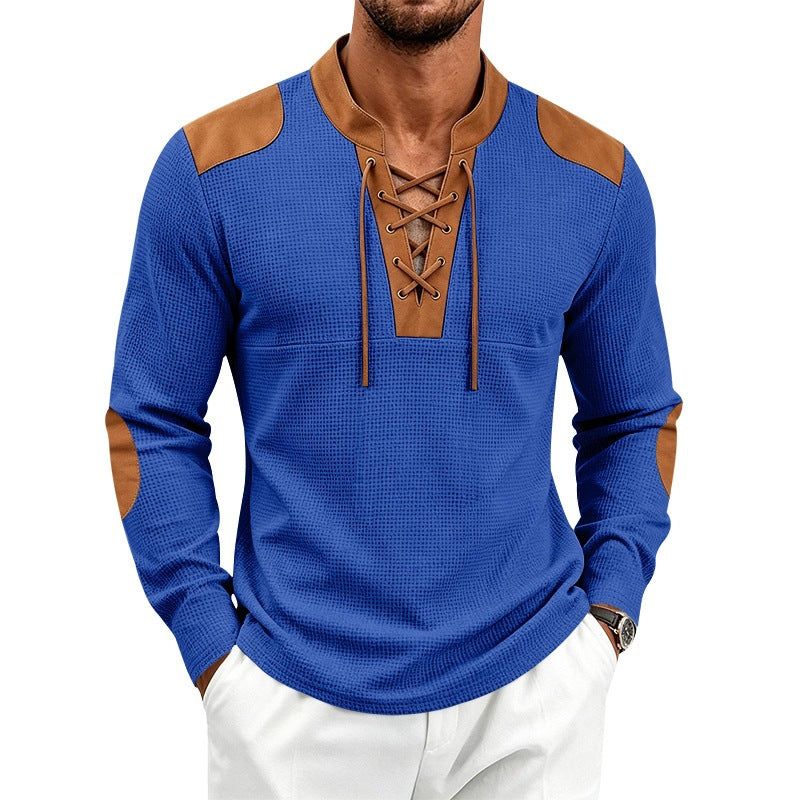 Herren Waffelstrick-Langarmshirt mit Schnürkragen und Kunstleder-Patches Shop Nory