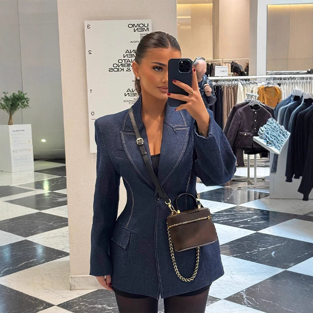 Damen taillierter Jeansblazer mit geschwungenem Revers Shop Nory