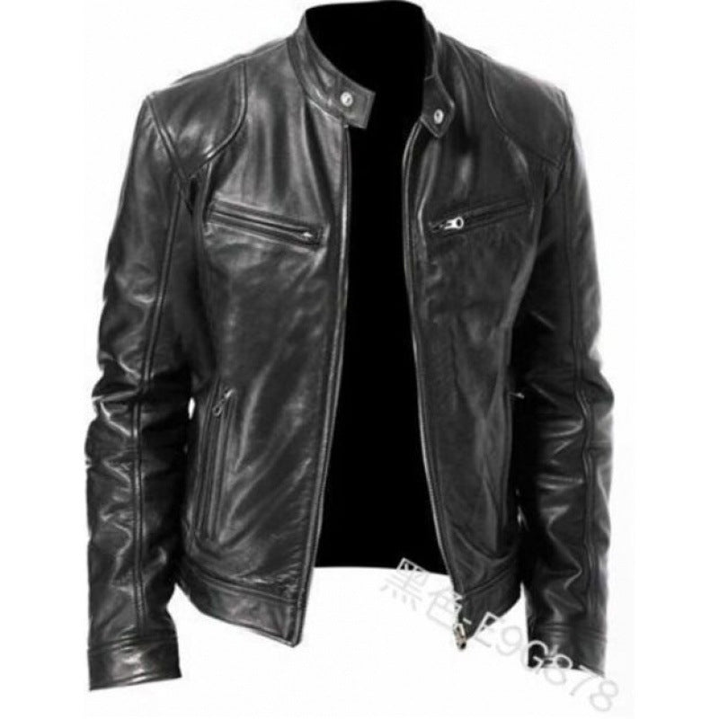 Herren schlanke Echtleder-Bikerjacke mit Stehkragen, zwei Brust-Reißverschlusstaschen und geradliniger Silhouette Shop Nory