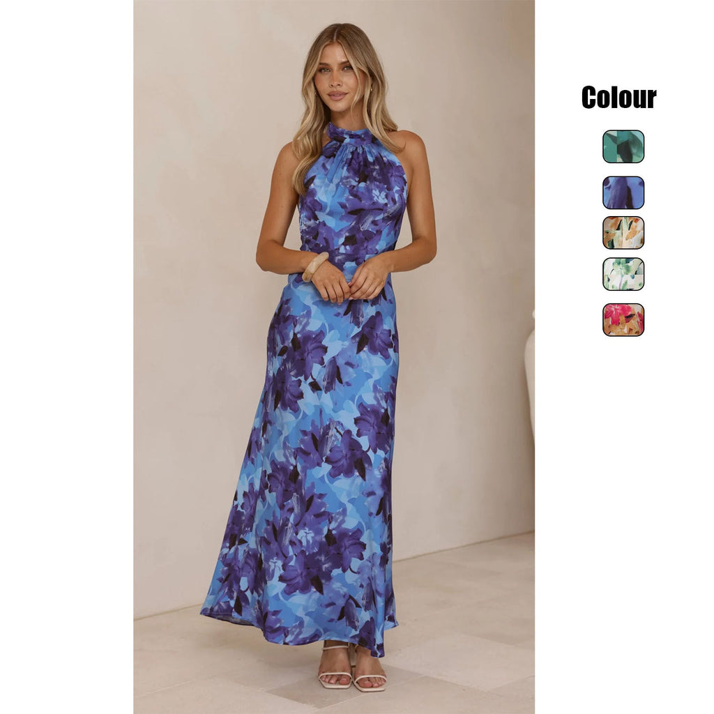 Damen Maxikleid mit hochgeschlossenem Halterneck-Design und floralem Muster