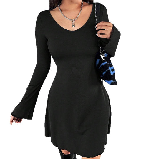 Damen geripptes A-Linien-Minikleid mit ausgestellten Glockenärmeln Shop Nory