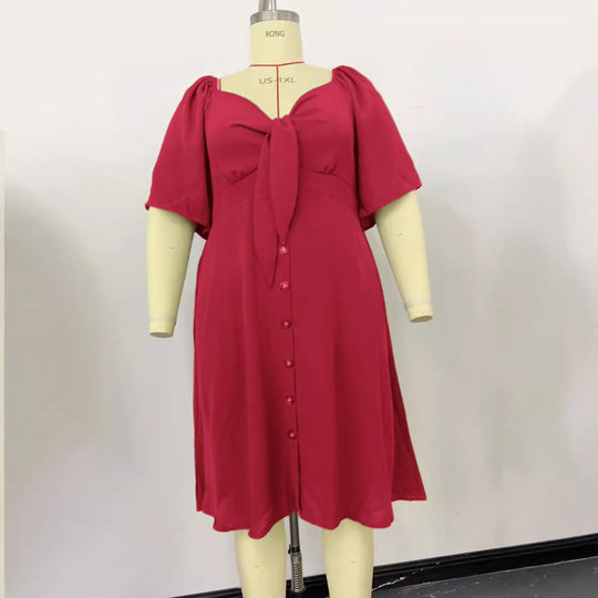 Damen A-Linien Midikleid mit Knoten-Detail, Puffärmeln und Knopfleiste Shop Nory