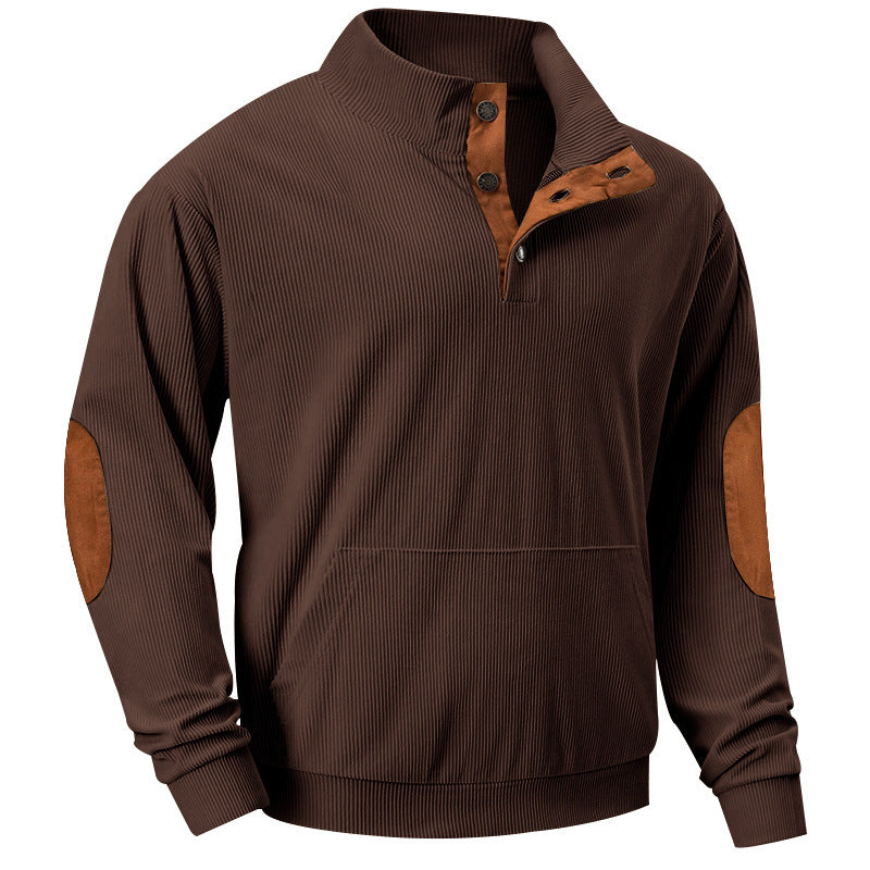 Herren Strukturiertes Ripp-Henley-Sweatshirt mit Stehkragen, Kängurutasche & Velours-Ellbogenpatches Shop Nory