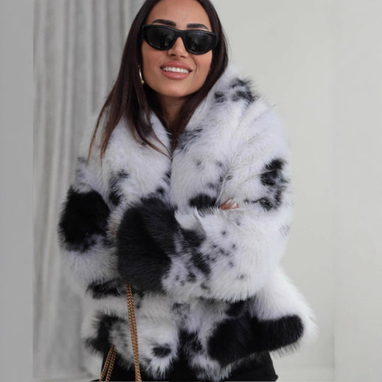 Damen Kurz geschnittener Faux‑Fur‑Bomber mit Fleckenmuster Shop Nory