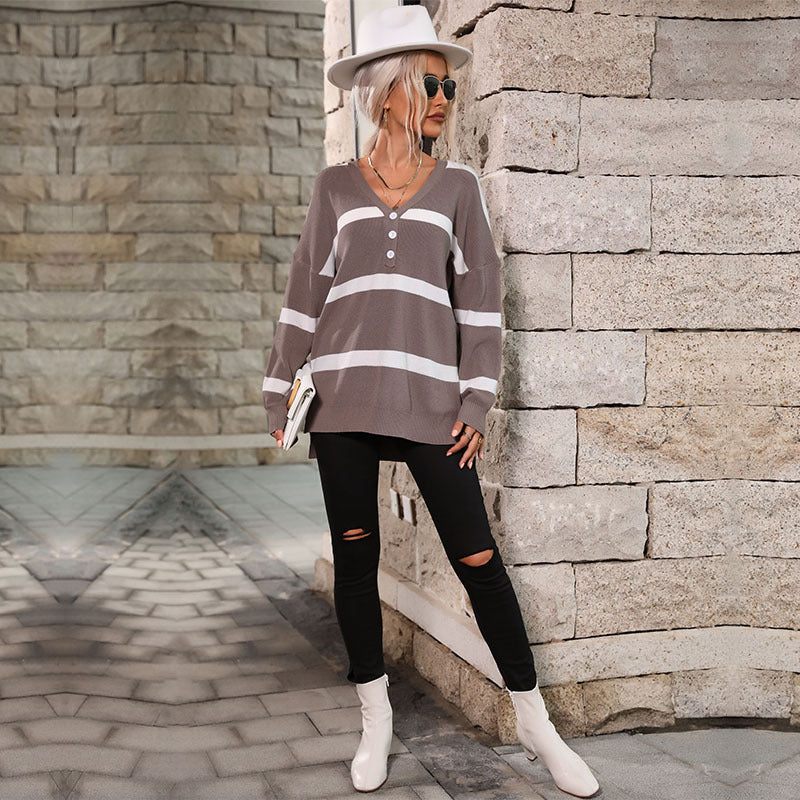 Damen Oversize V-Ausschnitt Strickpullover mit Knopfleiste und Blockstreifen Shop Nory