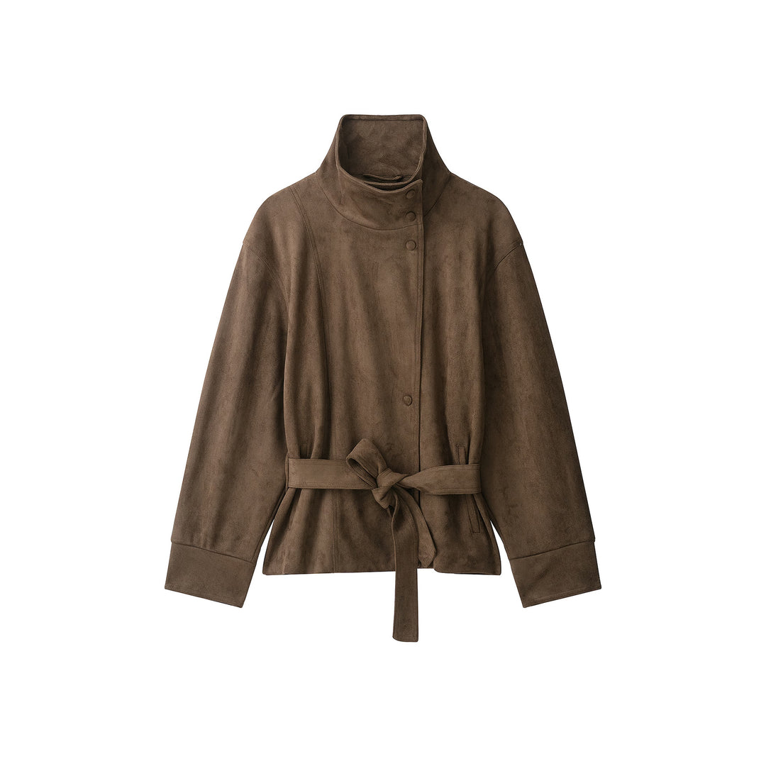 Damen Kurze Velourslederjacke mit hohem Stehkragen und Bindegürtel Shop Nory