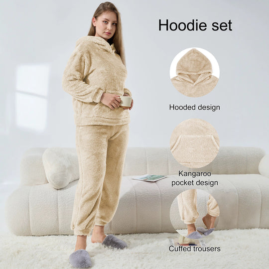 Damen Kuscheliges Teddy-Fleece Lounge-Set mit Kapuze und Kängurutasche Shopy Nory