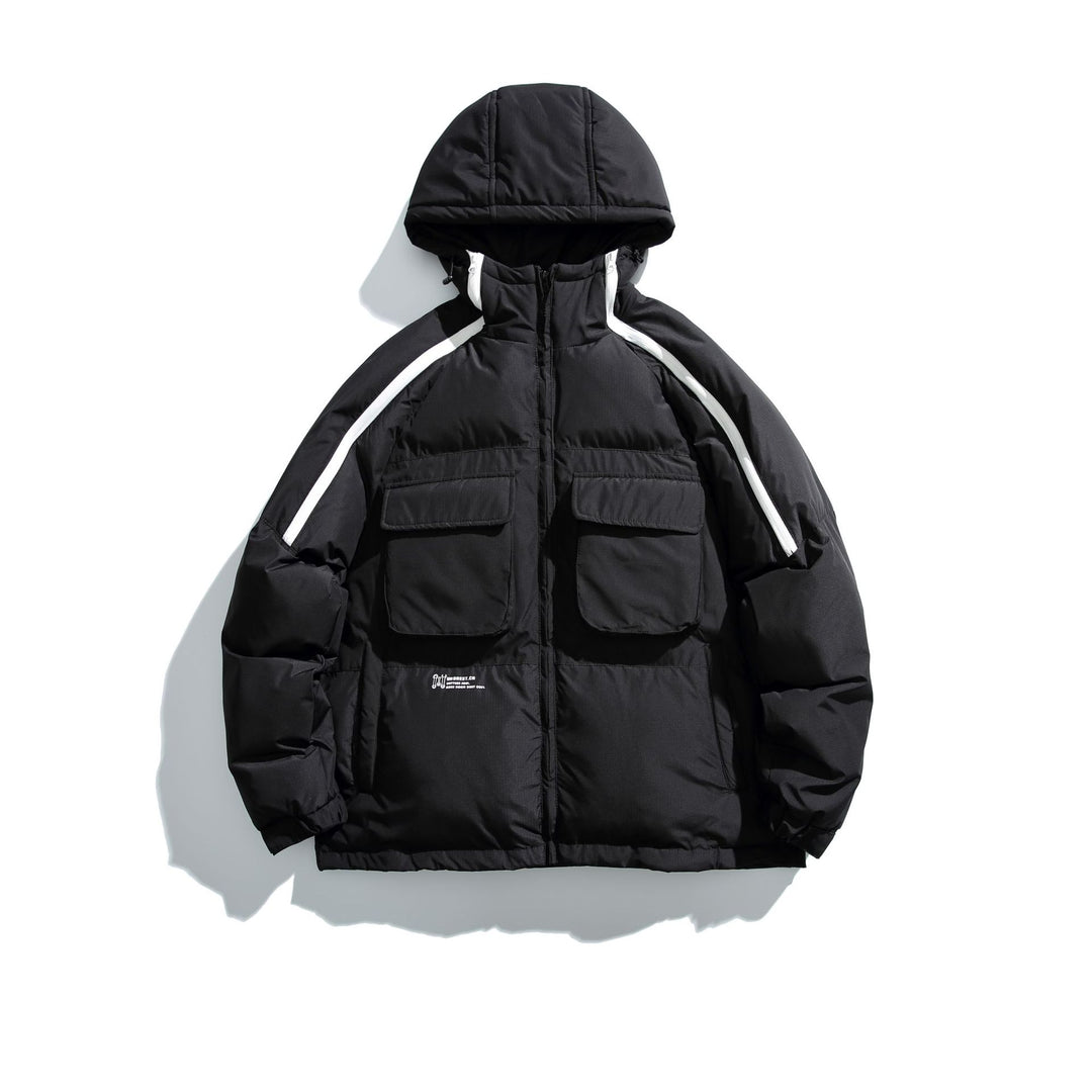 Unisex Kurz geschnittener Boxy-Puffer mit Kapuze, Kontraststreifen und großen Klappentaschen Shop Nory