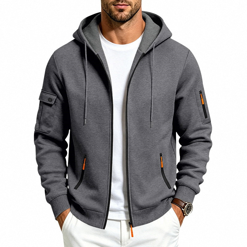 Herren Kapuzen-Reißverschlussjacke mit Ärmeltaschen, Kontrast-Zipper und Rippbündchen Shop Nory