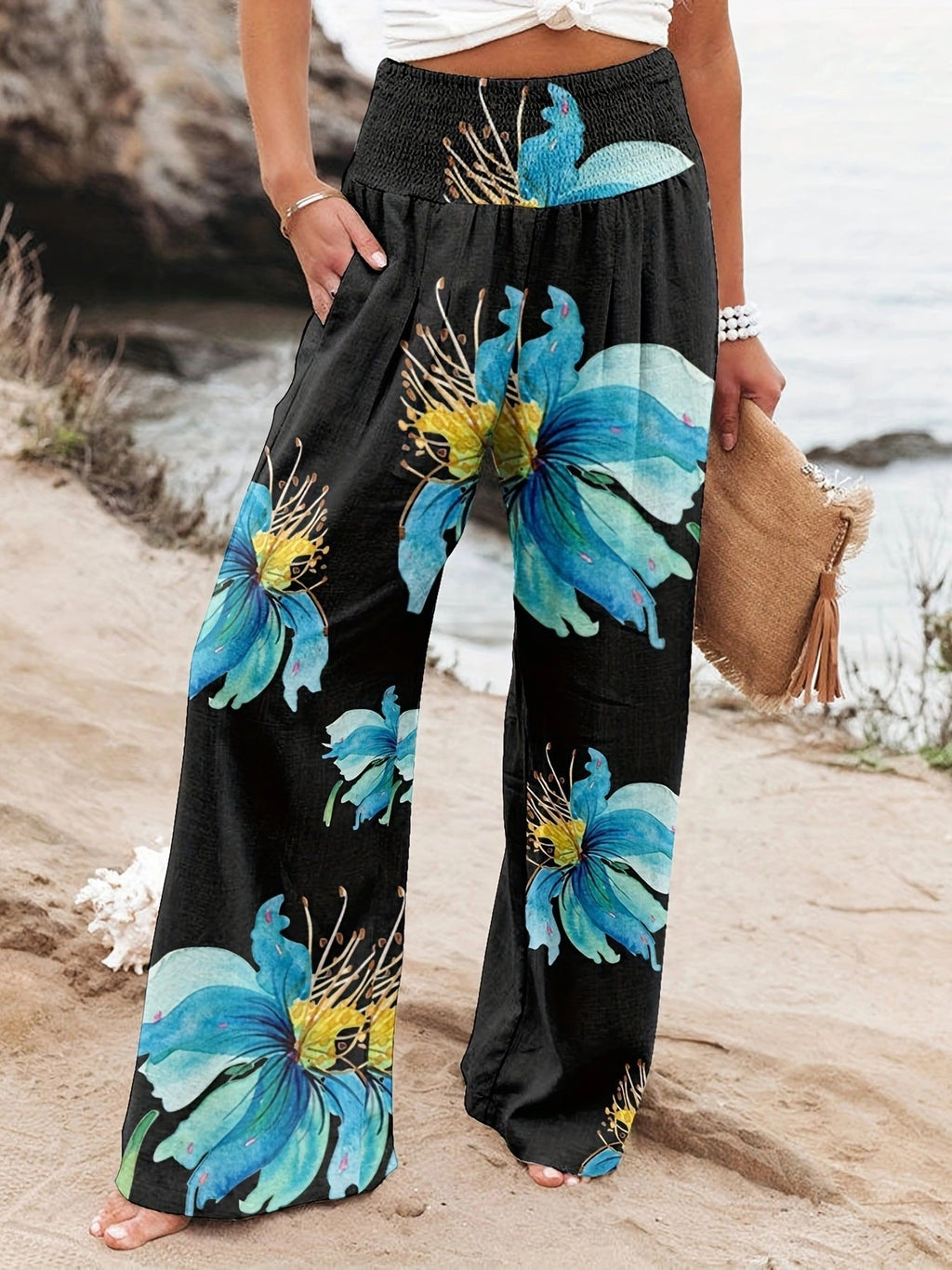 Damen Weit geschnittene Strandhose mit floralem Motiven und elastischem Bund