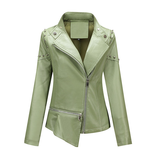 Damen Asymmetrische Kunstleder-Bikerjacke mit Nieten & schrägem Reißverschluss Shop Nory