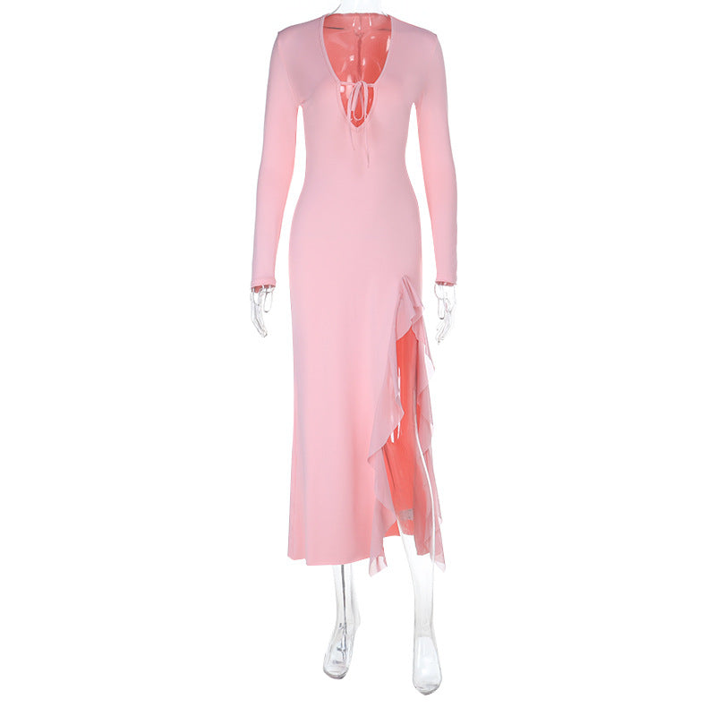 Damen Langärmeliges Midaxi-Abendkleid mit tiefem V-Ausschnitt, Bindeband und seitlichem Volantschlitz Shop Nory