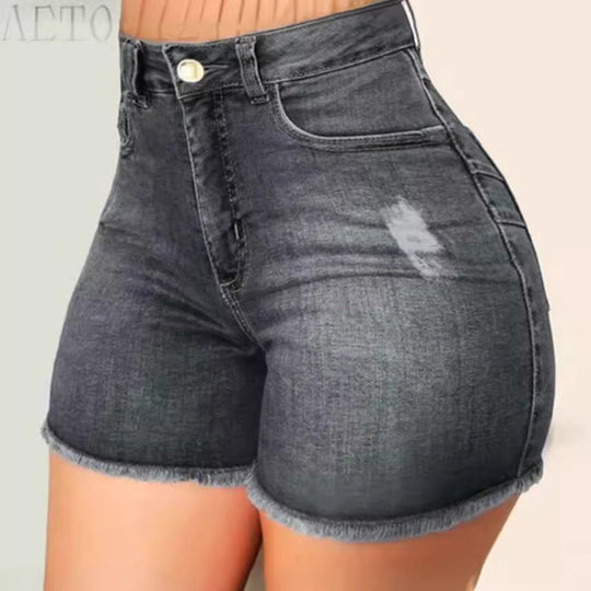 Damen Jeans-Shorts mit hohem Bund und ausgefranstem Saum