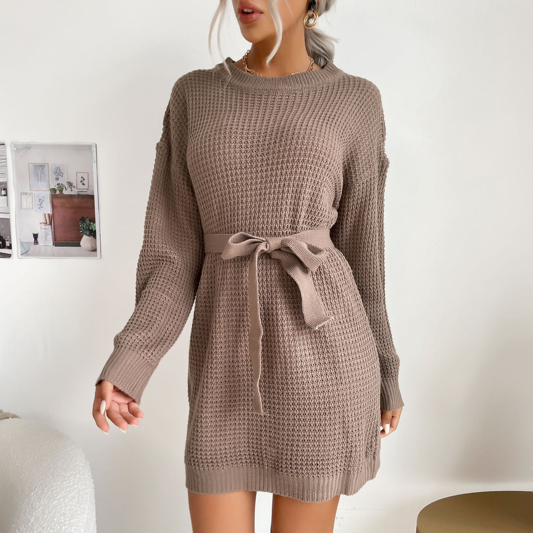 Damen Waffelstrick-Minikleid mit Tunnelzug-Taillengürtel und geripptem Saum Shop Nory