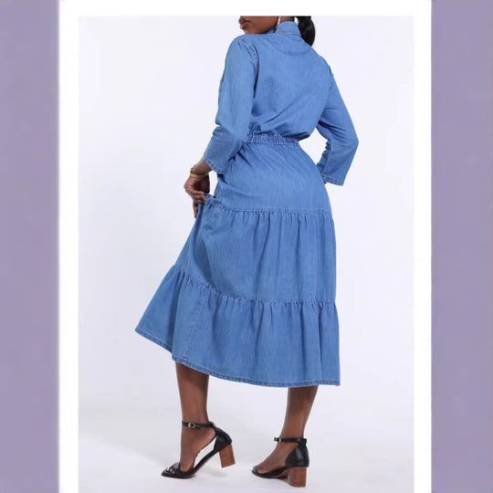 Damen Langes Denim‑Kleid mit Stufenrock, Hemdkragen und taillenbetontem Gummizug Shop Nory
