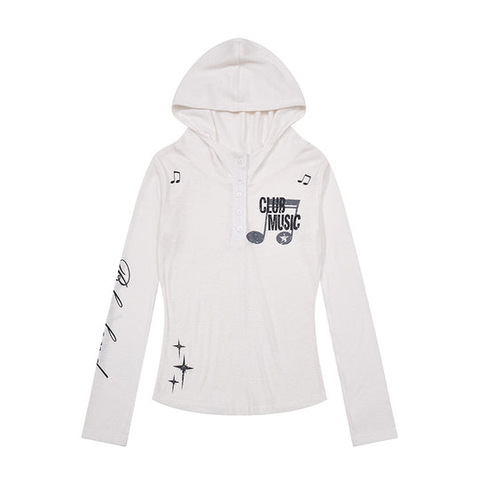 Damen Leichtes Langarm-Hoodie-Henleyshirt mit Knopfleiste, Kapuze und Music-Print Shop Nory