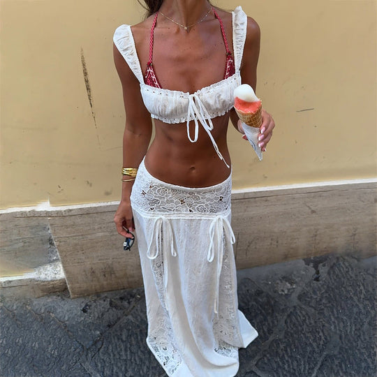 Damen Elegante Häkel-Tunika mit langem Rock