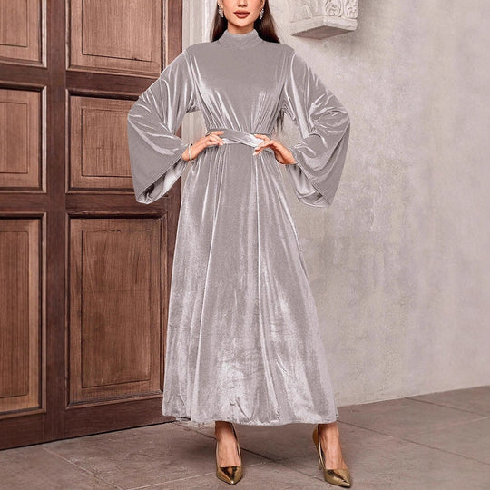 Damen Maxikleid aus Samt mit Stehkragen, weitem Glockenärmel und Taillengürtel Shop Nory