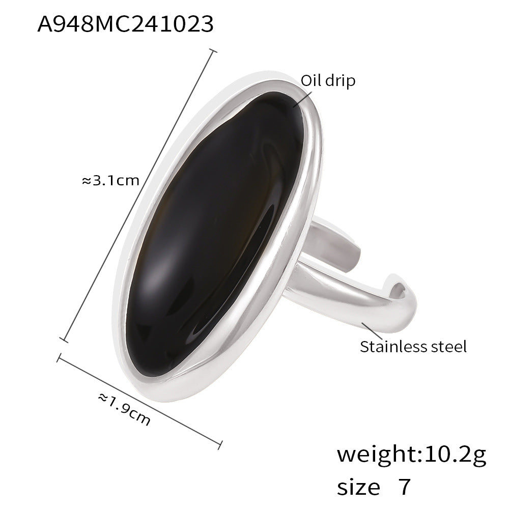 Damenring mit modernem ovalen Design aus Edelstahl und elegantem schwarzen Stein Shop Nory